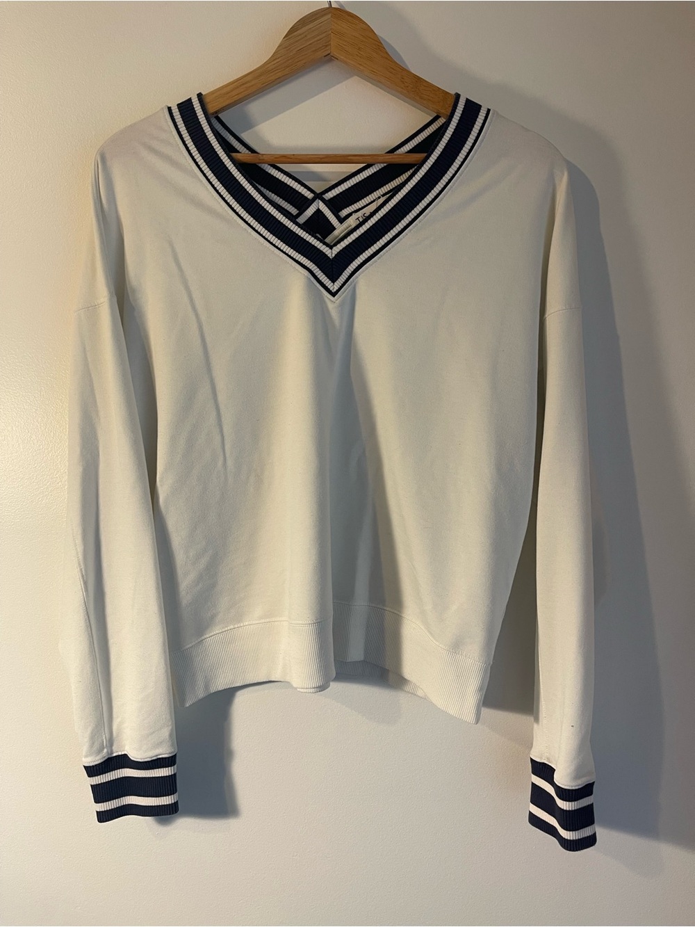 TIS by Thrive White Navy Striped V-Neck French Terry Sweatshirt L